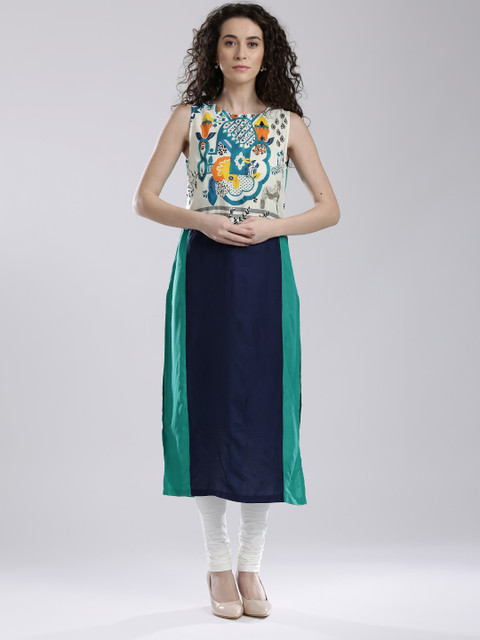 

W Green & Navy Printed Panelled Kurta