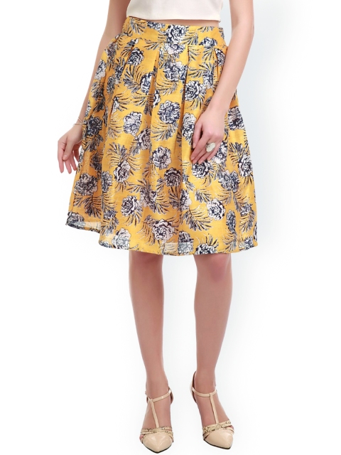 

SASSAFRAS Yellow Floral Print Silk A-Line Skirt