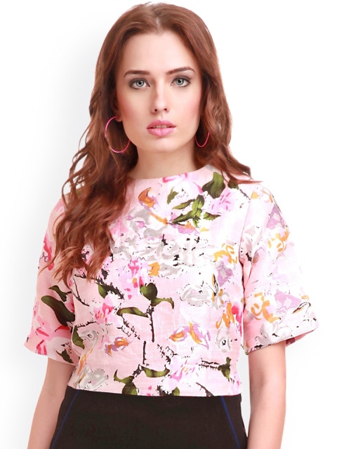 

SASSAFRAS Pink Floral Print Silk Crop Top