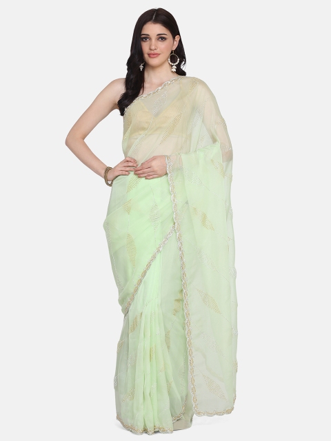 

BOMBAY SELECTIONS Green Woven Design Supernet Saree