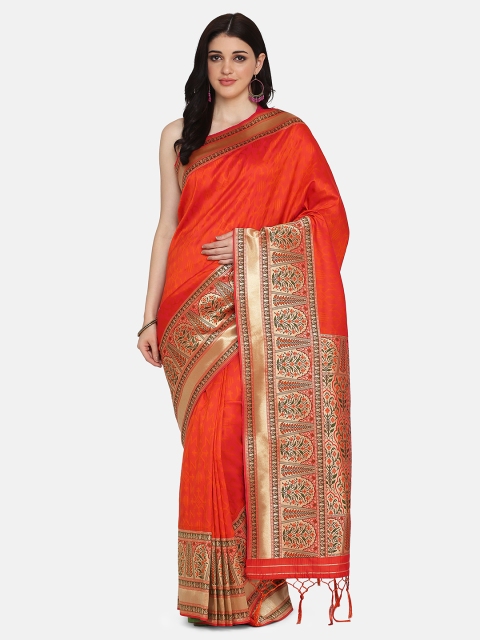 

BOMBAY SELECTIONS Red Silk Blend Printed Banarasi Handloom Saree
