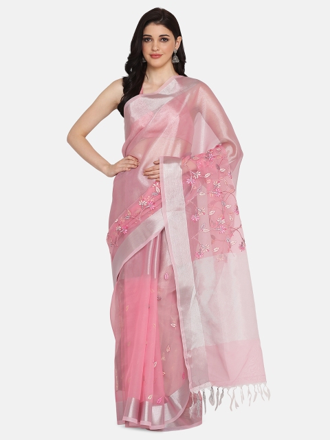 

BOMBAY SELECTIONS Pink Silk Blend Embroidered Chanderi Saree