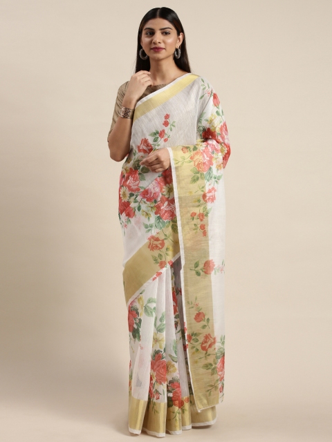 

DIVASTRI White & Pink Floral Printed Chanderi Saree