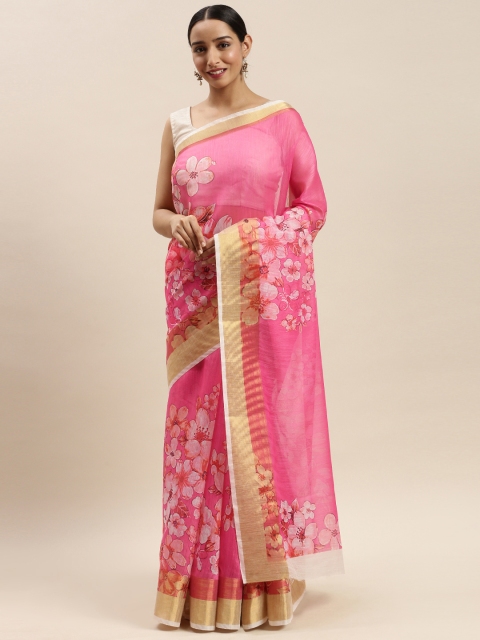 

DIVASTRI Pink & Off-White Poly Silk Printed Saree