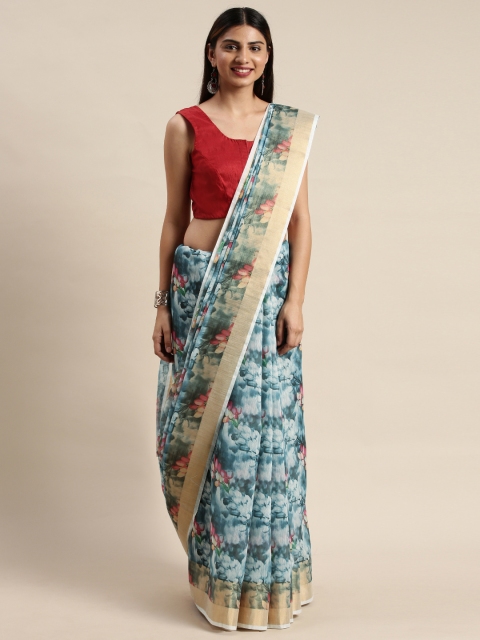 

DIVASTRI Teal Green & Pink Floral Printed Chanderi Saree