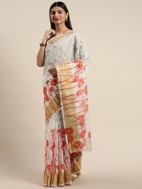 

DIVASTRI White & Red Floral Printed Chanderi Saree