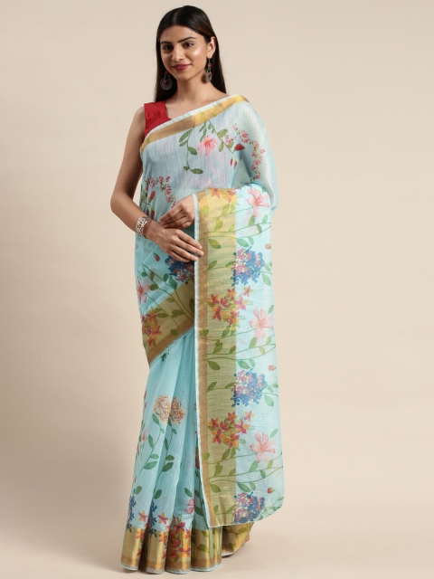 

DIVASTRI Blue & Peach-Coloured Floral Printed Chanderi Saree