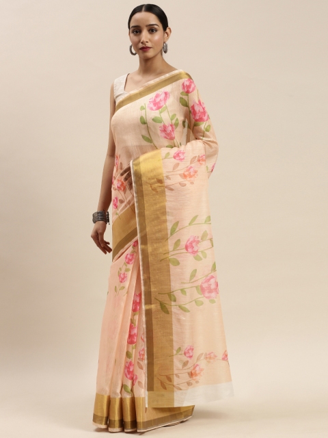 

DIVASTRI Peach-Coloured & Golden Floral Printed Chanderi Saree