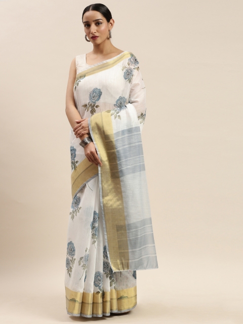 

DIVASTRI White & Blue Poly Silk Floral Printed Celebrity Saree