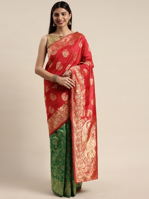 

DIVASTRI Red & Green Silk Cotton Woven Design Banarasi Half and Half Saree