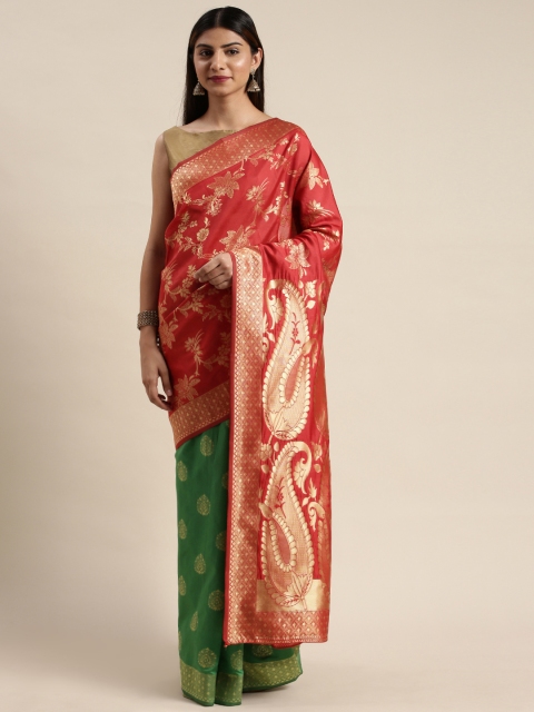 

DIVASTRI Red & Green Silk Cotton Woven Design Banarasi Half and Half Saree