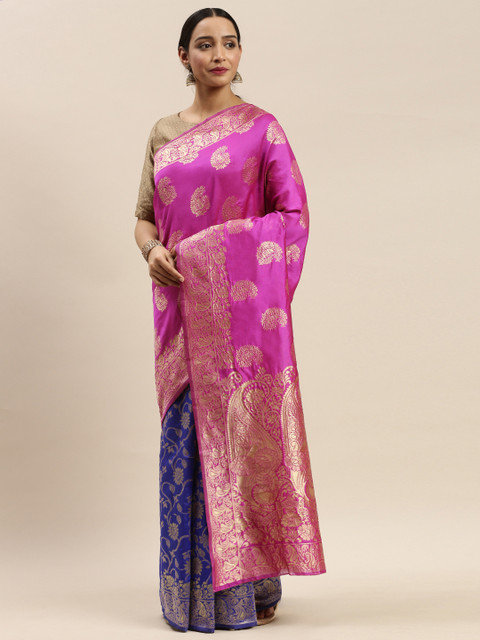 

DIVASTRI Pink & Blue Woven Design Banarasi Half and Half Saree