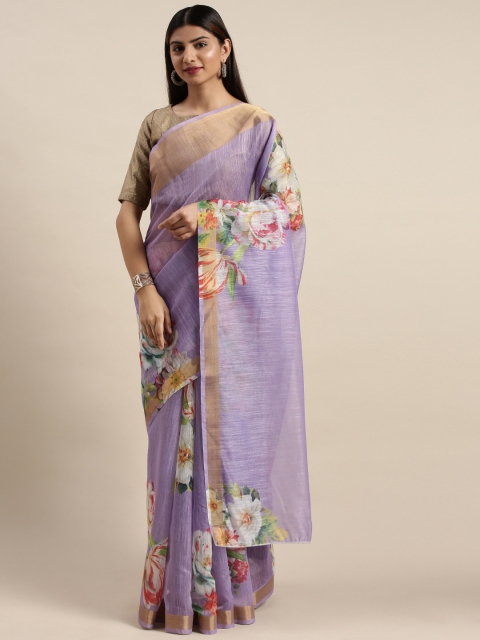 

DIVASTRI Lavender & White Floral Printed Chanderi Saree