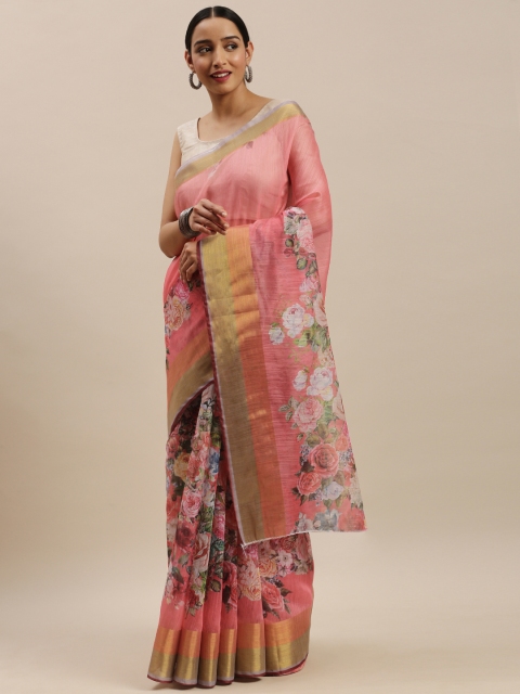 

DIVASTRI Pink & Green Poly Silk Floral Printed Saree