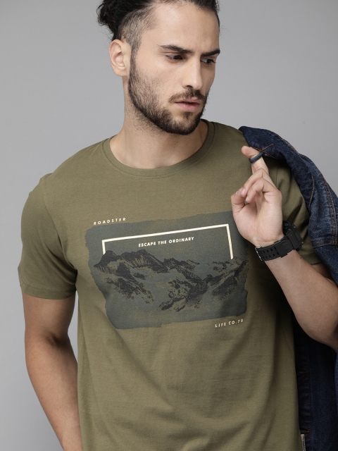 

Roadster Men Olive Green Printed Pure Cotton Round Neck T-shirt