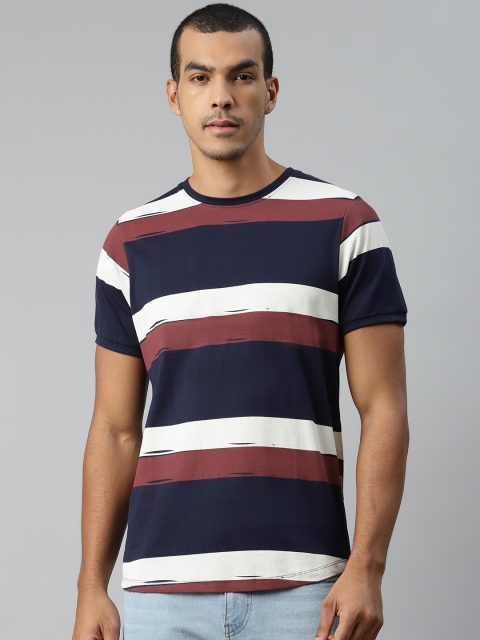 

The Roadster Lifestyle Co Men Navy Blue & White Pure Cotton Striped Round Neck T-shirt