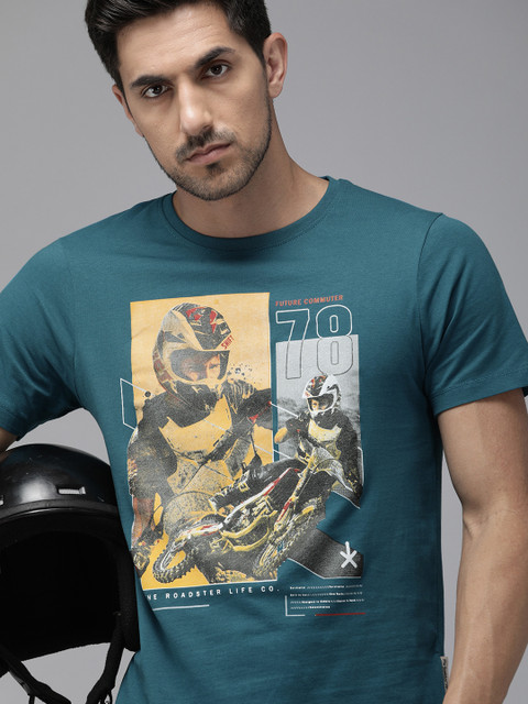

Roadster Men Teal Blue Graphic Printed Round Neck T-shirt