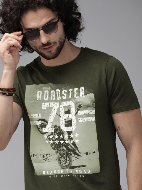 

Roadster Men Olive Green Printed Round Neck T-shirt