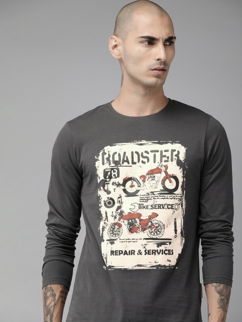 

Roadster Men Charcoal Grey Printed Round Neck T-shirt