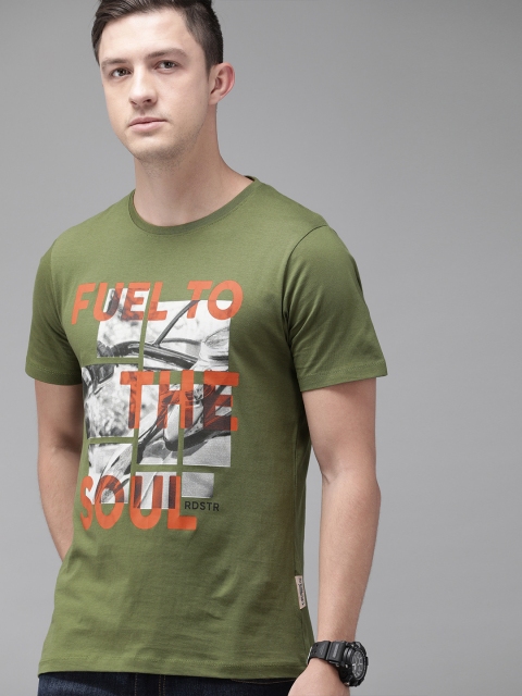 

Roadster Men Olive Green Printed Round Neck T-shirt