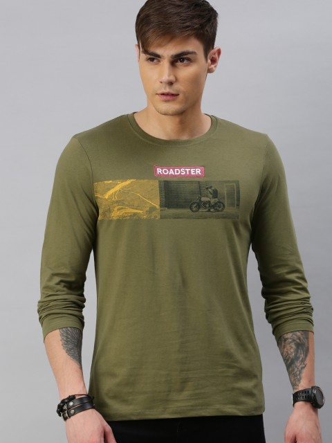 

Roadster Men Olive Green Printed Round Neck T-shirt