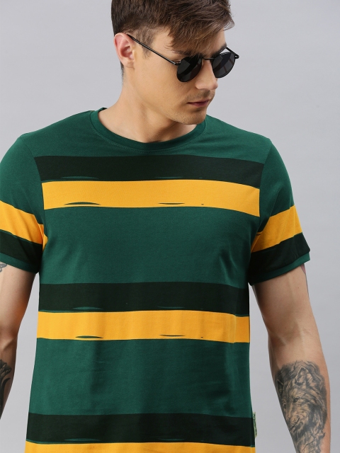 

The Roadster Lifestyle Co Men Olive Green Yellow Striped Round Neck Pure Cotton T-shirt