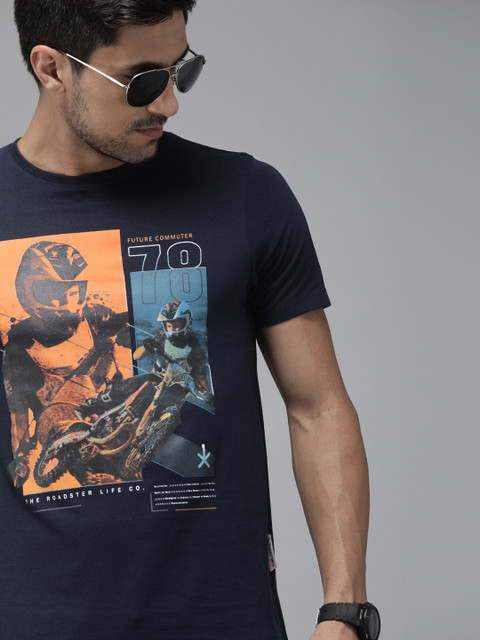 

Roadster Men Navy Blue Orange Pure Cotton Biker Print Round Neck Pure Cotton T-shirt