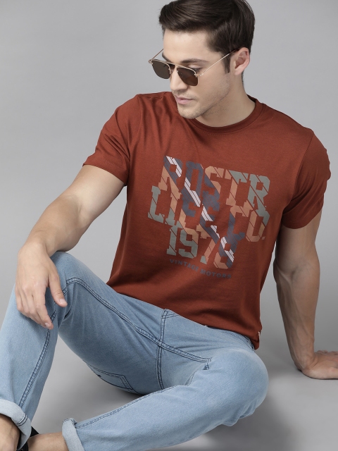 

Roadster Men Rust Red & Charcoal Grey Brand Logo Print Round Neck Pure Cotton T-shirt
