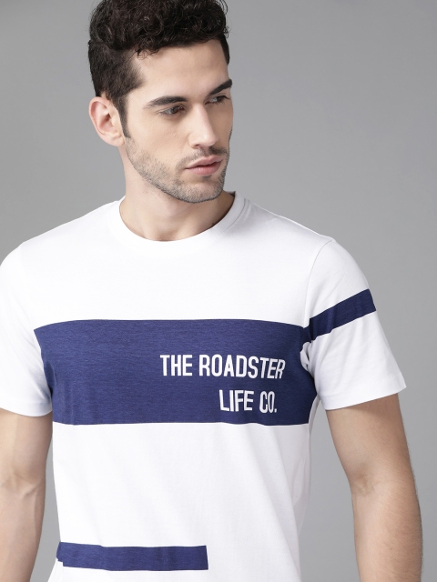 

Roadster Men White & Navy Blue Pure Cotton Brand Logo Round Neck T-shirt