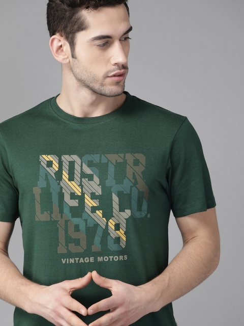 

Roadster Men Green & Grey Pure Cotton Brand Logo Printed Round Neck T-shirt