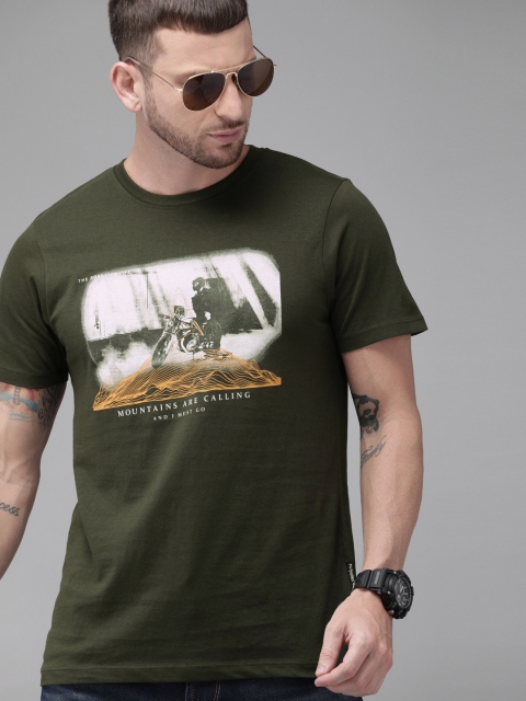 

Roadster Men Olive Green Printed Round Neck T-shirt