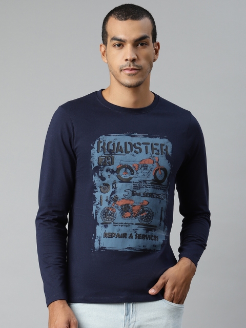 

Roadster Men Navy Blue Brand Logo Printed Pure Cotton T-shirt