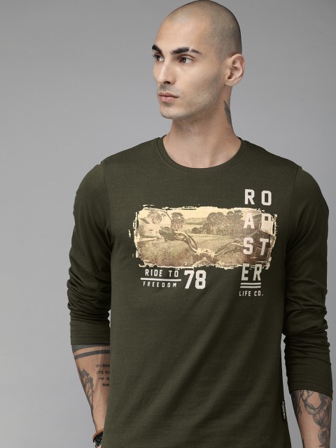 

The Roadster Lifestyle Co Men Olive Green Printed Round Neck Pure Cotton T-shirt