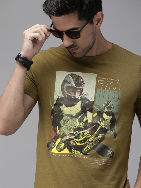 

Roadster Men Olive Green Graphic Printed Round Neck Pure Cotton T-shirt