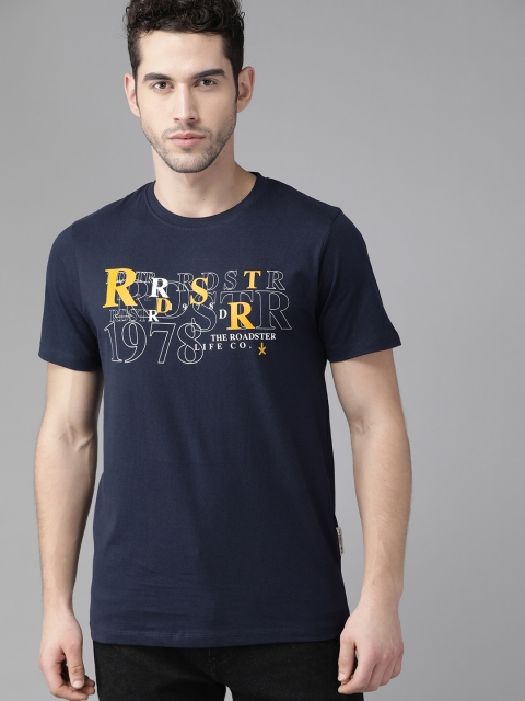 

Roadster Men Navy Pure Cotton Printed Round Neck T-shirt, Navy blue