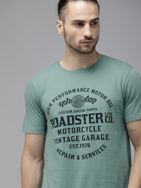 

The Roadster Lifestyle Co Men Sea Green Brand Logo Printed Round Neck Pure Cotton T-shirt