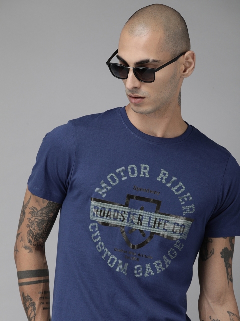 

Roadster Men Navy Blue Printed Round Neck Pure Cotton T-shirt