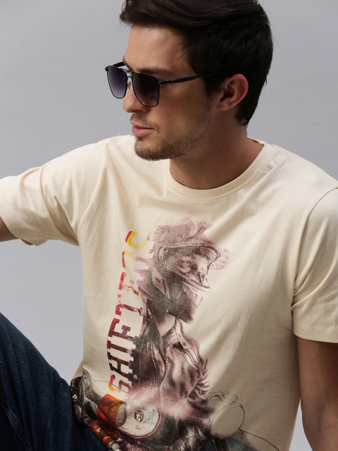 

Roadster Men Cream-Coloured Printed Round Neck T-shirt