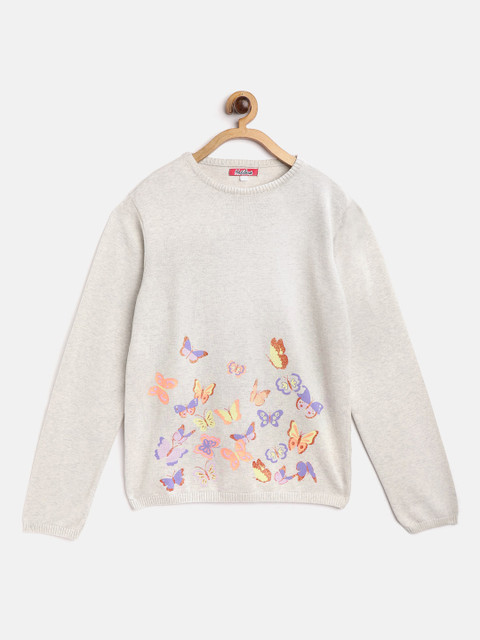

Natilene Girls Grey Melange & Purple Butterflies Print Pure Cotton Pullover