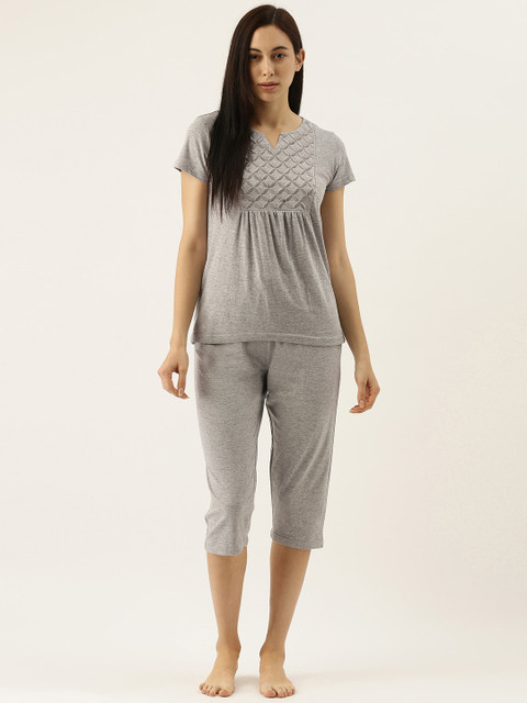 

Slumber Jill Women 2 Pc Grey Printed Capri Night suit With Geometric Embroidery