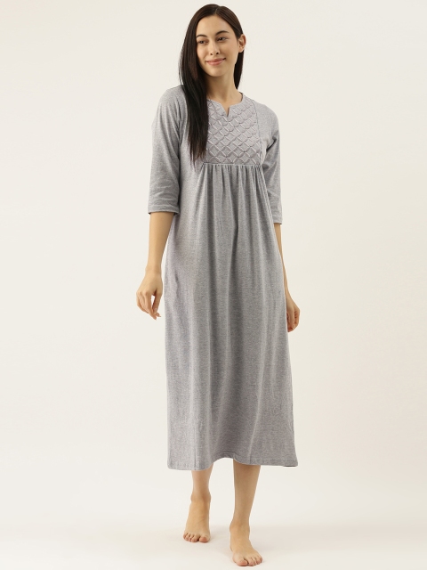 

Slumber Jill Grey Melange Solid Gathered Nightdress with Embroidery