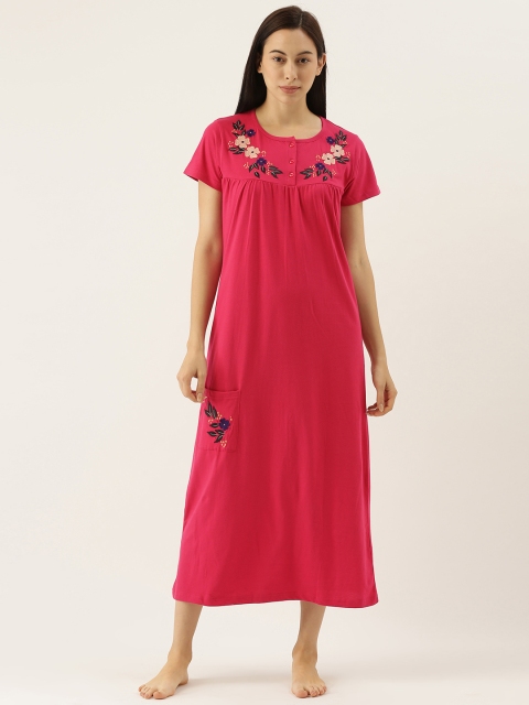 

Slumber Jill Coral Red Embroidered Pure Cotton Nightdress