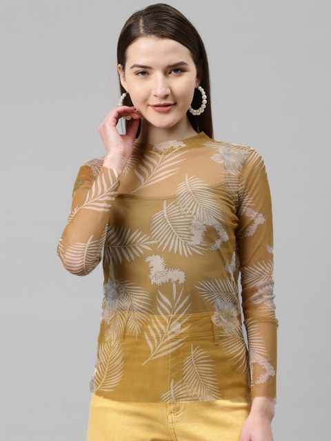 

RUNWAYIN Women Mustard Yellow & Off-White Sheer Tropical Print Top