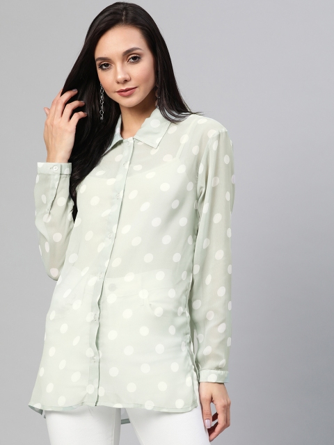 

RUNWAYIN Women Green & White Boxy Polka Dot Print Sheer Longline Casual Shirt