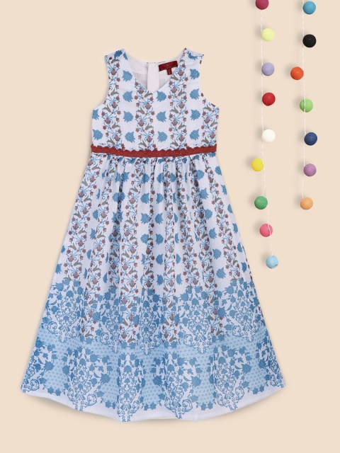 

House of Pataudi Girls White & Blue Printed Cotton Fit and Flare Dress
