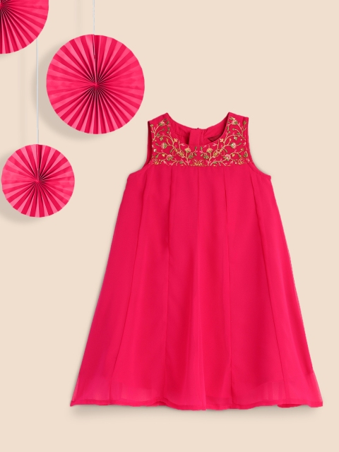 

House of Pataudi Girls Pink Embroidered A-Line Dress