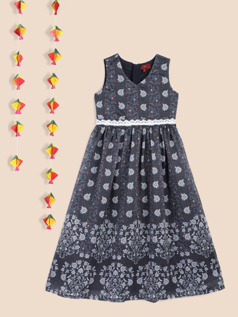 

House of Pataudi Girls Navy Blue & White Printed Cotton Fit and Flare Dress