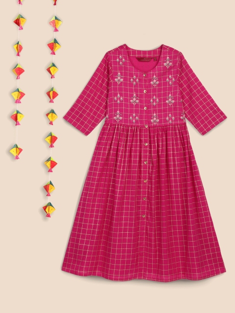 

House of Pataudi Girls Fuchsia Pure Cotton Checked Fit and Flare Dress
