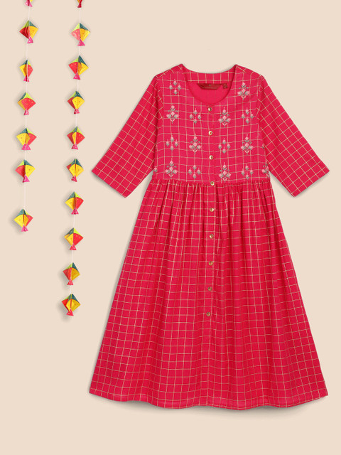 

House of Pataudi Girls Fuchsia Pink Checked Pure Cotton Ethnic A-Line Maxi Dress