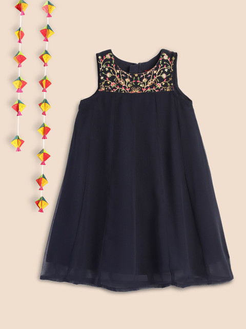 

House of Pataudi Girls Navy Blue Embroidered A-Line Dress